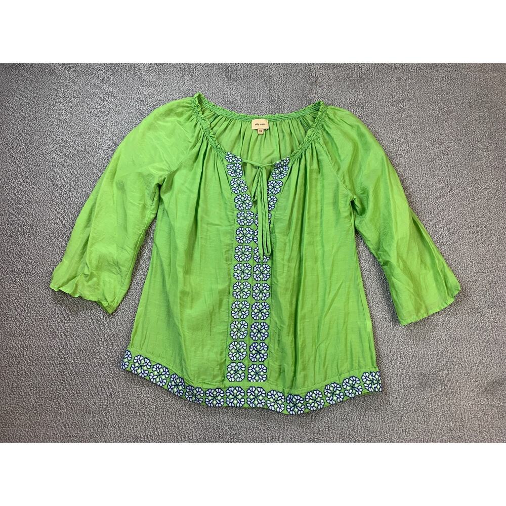 Ella Moss Blouse Top‎ Boho Hippie Green Embroidered Floral Cotton Silk Blend XS